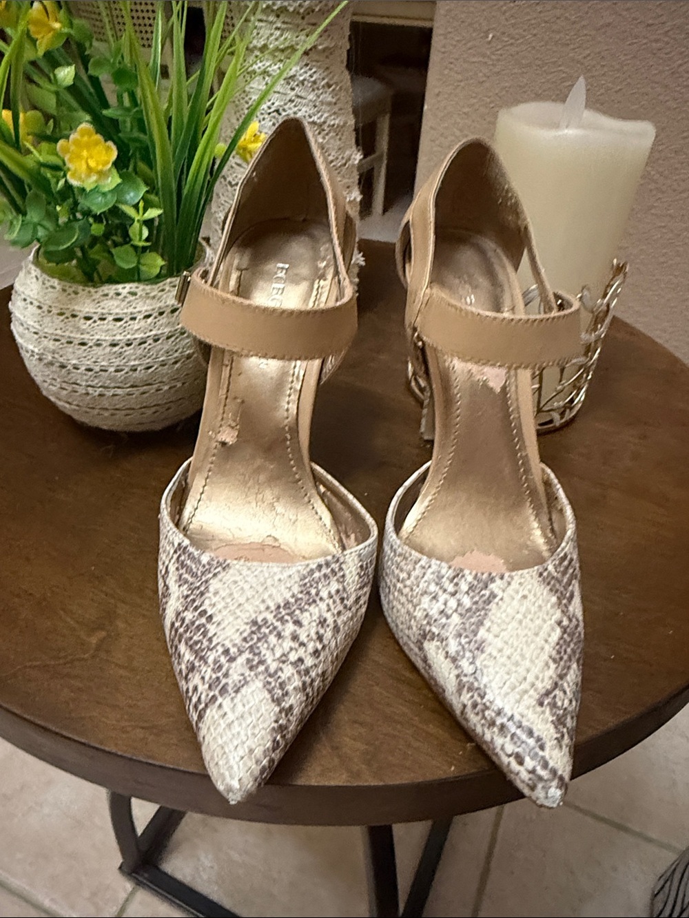 BCBG Pointed-Toe Snakeskin-Print Mary Jane Heels in Tan